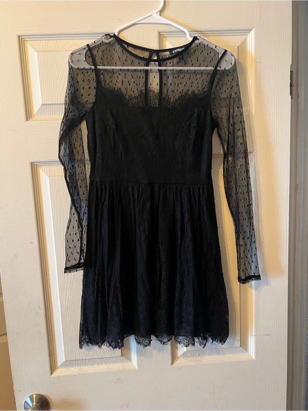 Express Black Lace & Sheer Dot Long-Sleeve Dress